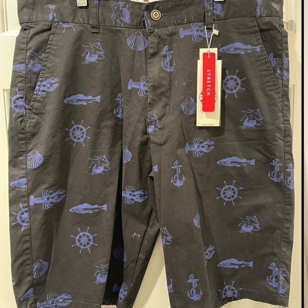 Black and Blue Flat Front Shorts with Nautical Print